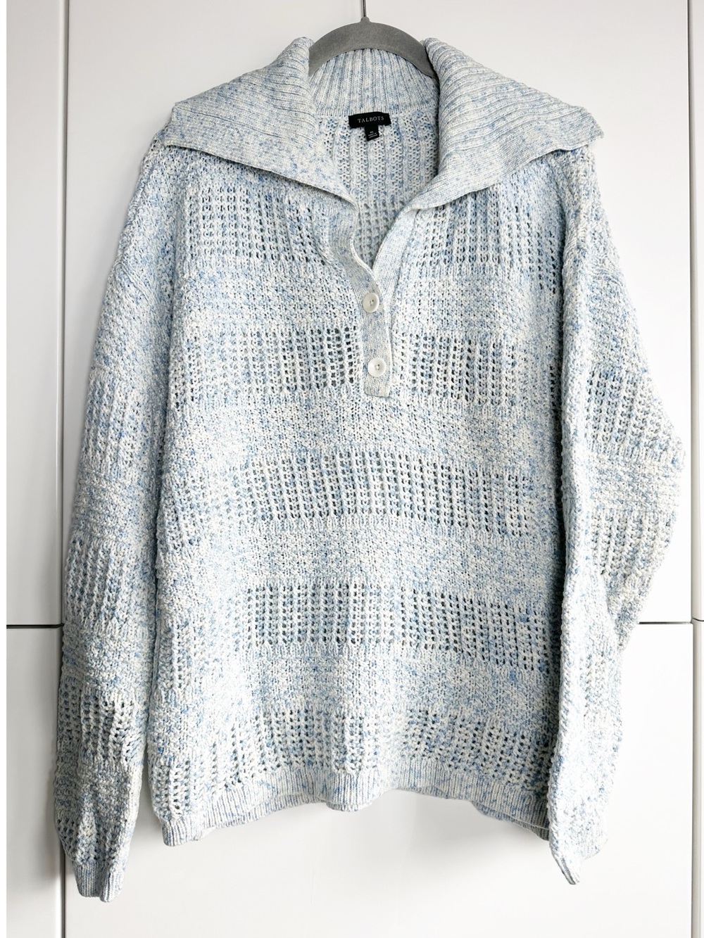 Talbots Knit Sweater Blue White Marled Size XL Open Knit Cotton